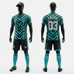 Conjunto de Uniforme de Fútbol para Hombre, 150 GSM, Poliéster que Absorbe la Humedad, Jersey y Pantalones Cortos con Paneles Azul Lima y Verde, Logotipo Personalizado por Sublimación - Product Image 5