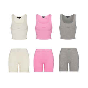 OEM Cotton Custom Logo Ribbed Grey Loungewear <b>Short</b> Sleeve <b>T</b>-<b>Shirt</b> <b>Shorts</b> Set 2 Piece Set Clothing Women 2024 Spring Summer - Product Image 2