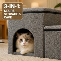 Escalier pour animaux de compagnie 3-en-1 détachable, tanière de rangement pour chat, rampe pliable pour chien (tissu en lin + panneau MDF) avec capacité de 150 lb