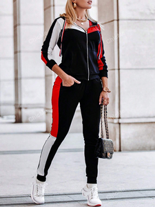 Conjunto Deportivo de Sudadera con Capucha y Cremallera Delantera y Pantalones Deportivos Casuales con Bloques de Color a la Moda para Mujer, 100% Algodón Ligero - Product Image 5