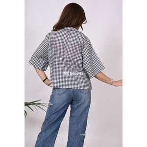 Femmes Designer coton lin Handloom Blouse motif à carreaux tenue de cérémonie pour le bureau saison d'été décontracté coupe ample bouton - Product Image 5