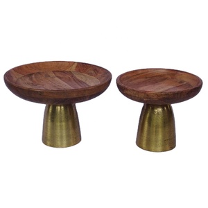 Bol en bois véritable naturel de haute qualité avec base en métal bol en bois fait à la main bol de service de nourriture et de salade en bois au prix de gros - Product Image 1