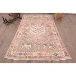 Tapis turc vintage rouge et bleu en laine orientale 4,8x7 pieds, design patchwork écologique avec envers en latex - Product Image 1