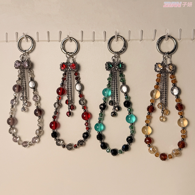 Wholesale Bow Beads Phone Charms Mobile Phone Straps Glitter Crystal Phone Lanyard Wrist Strap Luxury Key Chains Bag Accessories