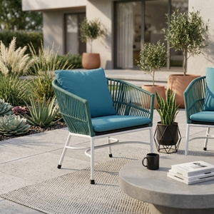Fauteuil de jardin extérieur bleu sarcelle avec structure en métal blanc, chaise longue en corde tressée verte bleu sarcelle, chaise de patio moderne pour jardin - Product Image 5