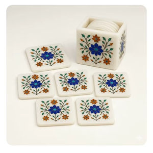 Juego de Posavasos de Mármol con Incrustaciones Hechas a Mano, Seis Piezas, Soporte para Tazas de Té de Piedra, Diseño Floral, Blanco, Decorativo, para Mesa, Portavasos - Product Image 1