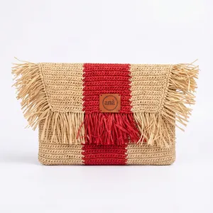 Sac à main en raphia bohème ANA Madagascar avec franges, sac à main pour femme, doublure en polyester résistante à l'eau, fermeture éclair - Product Image 4