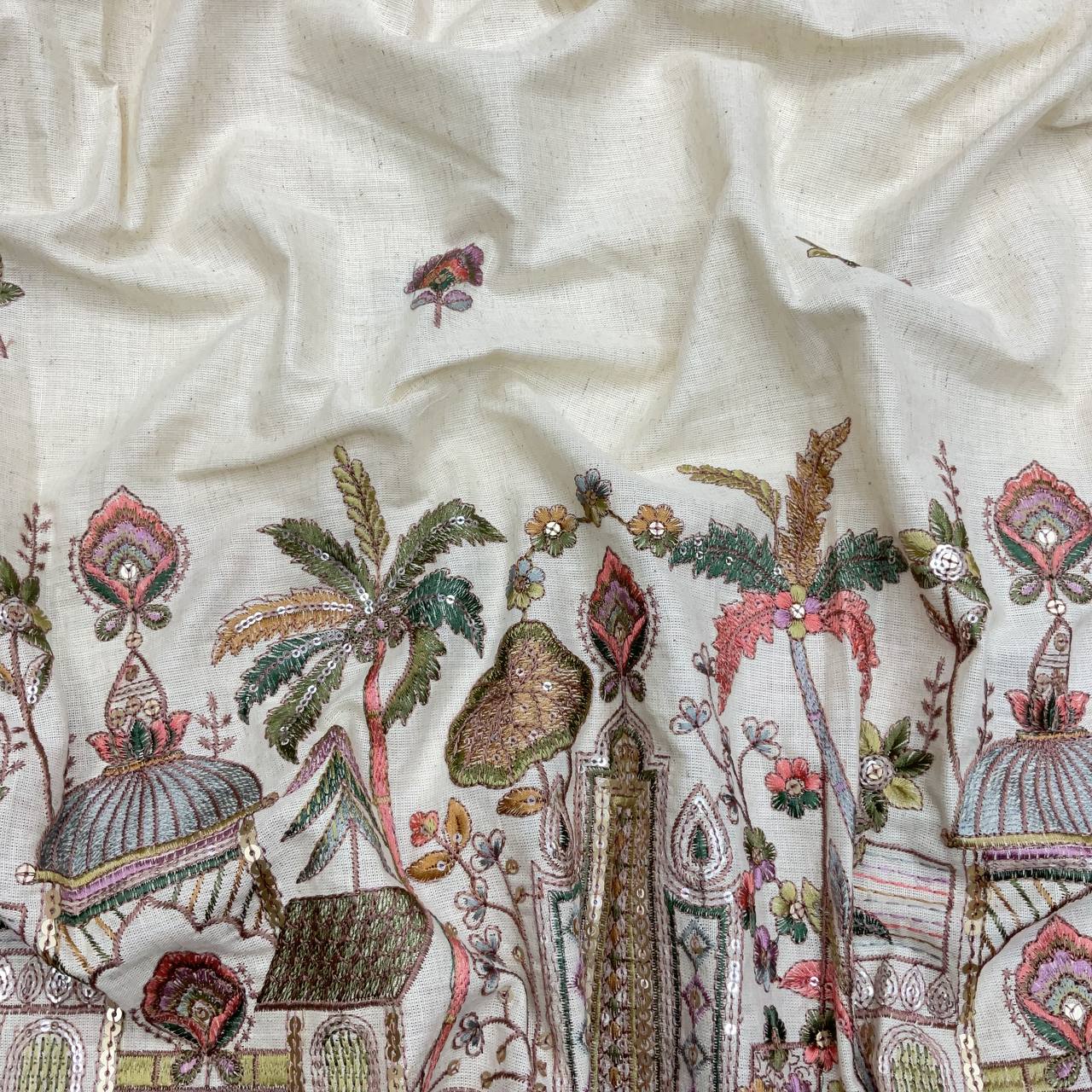 Khadi Cotton Fabric with Embroidery Pure Viscose and Fancy Embellishments for Khoti Dresses and Other Fashion Items