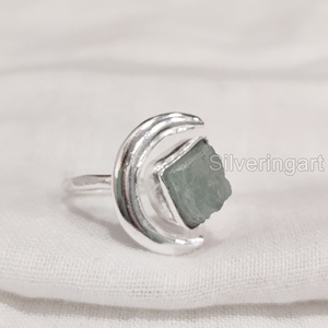 Joyería de piedra en bruto, anillo de mujer, aguamarina Natural, piedra preciosa en bruto, piedra natal de marzo, anillo de luna creciente, anillo de Plata de Ley 925 - Product Image 2
