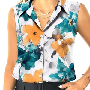 Camisa sin mangas con botones para mujer Tops cuello en V blusas informales de negocios con cuello camiseta sin mangas 2025 - Product Image 2