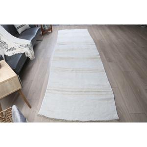 Alfombra Turca, Alfombra Vintage de 3.2x11.5 pies, Alfombra Ikat Blanca y Marrón - Product Image 1