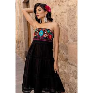 Womens Mexican Embroidered Strapless <b>Boho</b> <b>Dress</b> <b>White</b> Floral Festival Sundress Handmade Cotton Midi <b>Dress</b> - Product Image 4