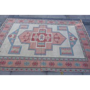 Tapis traditionnel en laine bleu rouge de grande surface 5.1X7.3 pieds Motif de couloir rectangle turc Design abstrait 10mm Latex pour adolescents - Product Image 3