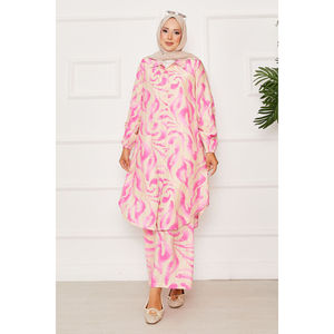 Casual Fuchsia Two-Piece Set Full-Length Button-<b>Down</b> with Elasticated Sleeves Linen Crepe Fabric for Spring/Summer MOQ 2pcs - Product Image 3