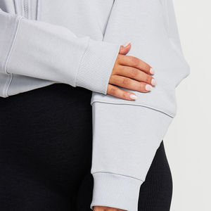 เสื้อฮู้ดดี้ครอปโอเวอร์ไซส์สำหรับผู้หญิง ผ้าฝ้ายผสมโพลีเอสเตอร์ ขนฟลีซ พิมพ์ลาย ล้างสี ทรงหลวม ไหล่ตก ซิป - Product Image 2