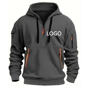 New Customized Men's Sport Pullover Jacket Leisure Multi-Zipper Arm Pocket Loose Sweatshirts Shoulder Drop Hood <b>Zippered</b> <b>Hoody</b> - Product Image 4