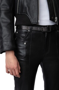 Elegantes pantalones de invierno con frente plano XL para mujer, decoraciones con logotipo de encaje de cuero estampado lavado, Material de retazos de colores a rayas - Product Image 5