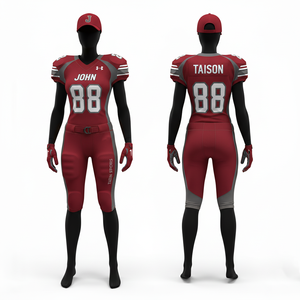 ชุดอเมริกันฟุตบอลหญิง ผ้าโพลีเอสเตอร์ผสมสแปนเด็กซ์ พรีเมียม 280 GSM สีแดง-เทา ดีไซน์แบบแผง  ปักชื่อแบบ Tackle Twill ตามสั่ง - Product Image 1