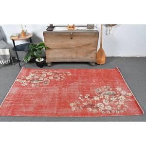 พรมตุรกีโบราณ3.8x6.3ft ขนสัตว์สีเบจสีแดงงานปะต่อดีไซน์แอบสแตรกต์ขนาด10มม. - Product Image 1