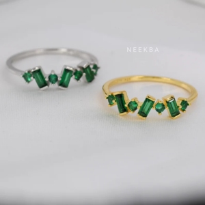 Emerald Green Baguette Ring Cluster Daily Wear Ring in 925 Sterling Silver Handcrafted Delicate Statement Ring - Product Image 2