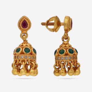 Boucles d'oreilles pendantes vintage style religieux 186510 en alliage de cuivre et laiton, avec rubis, perles et diamants, forme cloche principale, finition argentée - Product Image 4