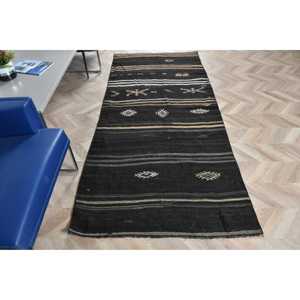 Vintage Turkish <b>Rug</b>, 3.6x8 ft Area <b>Rug</b>, <b>Black</b> Kilim Polka dot <b>Rug</b> - Product Image 1