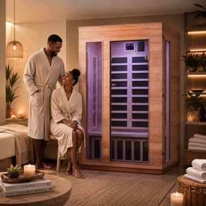 2 Person Indoor Infrared Sauna Room for Home Spa Hemlock Mahogany Wood Cabin with LED Bluetooth 120V Control Panel - Product Image 1