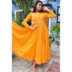 <b>Women's</b> Yellow Lehariya Anarkali <b>Kurta</b> Bollywood-Style Ethnic Cotton Salwar Suit Hand-Printed Jaipur Artisans Casual India - Product Image 2