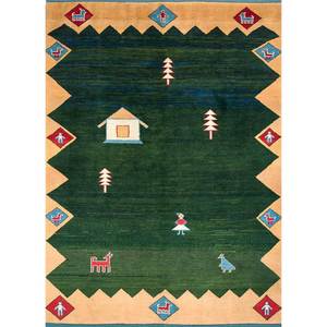 Tapis en laine noués à la main Nuray Boho vert Pae-1593 pour l'entrée, le salon, la chambre à coucher, motifs abstraits rectangulaires originaux - Product Image 1