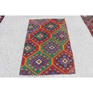 Tapis turc, petit tapis vintage 2,9x4,4 pieds, tapis marocain rouge et bleu Kilim - Product Image 1