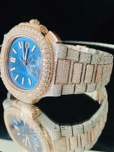 Mens Blue Dial Iced Luxury Watch Two Tone Diamond Look Stainless Steel Bracelet Fashion Quartz Watch Custom Logo Wholesale - Product Image 4