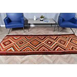 Tapis turc vintage, tapis Kilim 3,4x9,5 pieds, tapis persan rouge orangé - Product Image 3