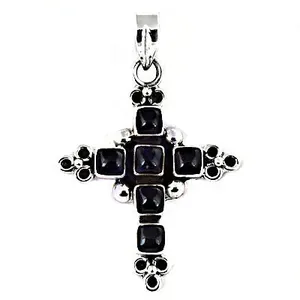 Pendentif Croix Chrétienne avec Pierres d'Onyx en Argent 925, Bijou Religieux pour Femme, Sertissage Clos, Idéal Cérémonies, Style Rajasthan - Product Image 1