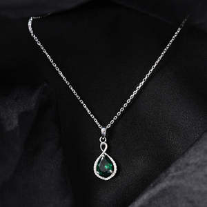 NOVAMART Fine Silver Jino Green Solitaire <b>Pendant</b> Chain Water Drop Shape Bezel Setting Rhodium <b>Emerald</b> Sapphire Zircon Diamond P - Product Image 2