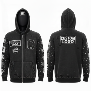 Wholesale Custom Rhinestone Digital Printing Logo <b>Vintage</b> Heavyweight <b>Hoodie</b> Men 100%Cotton Streetwear Distressed <b>Zip</b> <b>up</b> <b>Hoodie</b> - Product Image 1