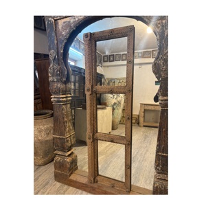 Panel de Ventana con Espejo de Madera Tallada a Mano Antiguo |   Decoración Arquitectónica India Vintage - Product Image 1
