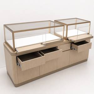 Vitrina de Exhibición de Joyería en Color Blanco Crema con Detalles en Dorado, Mueble de Exhibición con Cajones para Tienda - Product Image 1