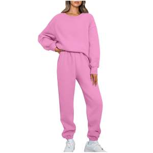 Qualité supérieure 100% coton Style couleur pleine longueur femmes survêtement plaine surdimensionné deux pièces ensemble survêtement pour dames - Product Image 2