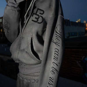 Custom Unisex Streetwear Tracksuit Boxy <b>Hoodie</b> Flare Sweatpants Set Acid Wash Printed Distressed Waist Double Hood Zip-Up - Product Image 2