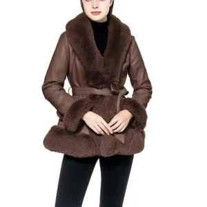 New Arrival Women's Fashionable <b>Long</b> <b>Leather</b> <b>Jacket</b> with Fox Fur Sleeves Customizable Down-Filled Coat - Product Image 4