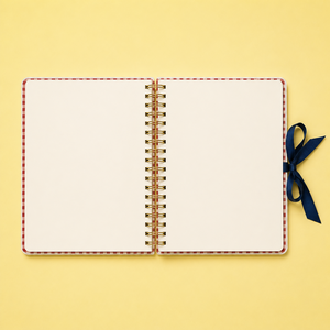 Quaderno Personalizzato LABON in Ciliegio con Bordo <span class=keywords><strong>a</strong></span> <span class=keywords><strong>Quadretti</strong></span> Crema, Punti Rossi e Dorati, Fiocco in Nastro Grosgrain Blu Navy, Spirale <span class=keywords><strong>a</strong></span> Doppio Filo Dorato, Pagine Bianche - Product Image 3