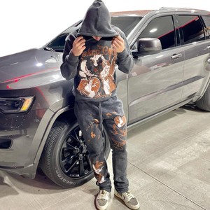 Conjunto de sudadera con capucha y pantalones de chándal estampados lavados transpirables de felpa francesa de algodón 100% personalizado, ropa de calle Unisex de talla grande, diseño de Fitness - Product Image 5