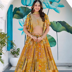 Jaune multicolore imprimé Chinnon soie Dori Zari broderie coton Lehenga ensemble réversible Salwar Kameez décontracté fête mariage - Product Image 1