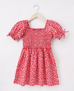 Robe trapèze rouge à imprimé floral pour filles, manches bouffantes, col carré, mini, 100 % coton, avec nœud, style estival mignon - Product Image 4
