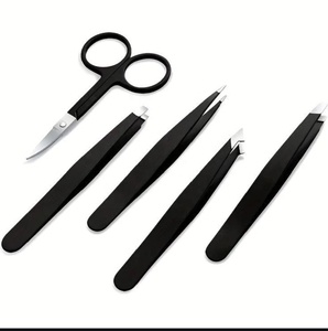 Juego de Pinzas para Cejas de Primera Calidad con Tijeras para Cutículas, Color Negro Mate, 5 Piezas, Se Acepta Logotipo Personalizado - Product Image 1