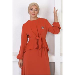 Conjunto Casual de Falda para Mujer con Cuello Asimétrico, Decoración de Lazo y Encaje, Top de Algodón Tejido y Pantalones Cortos a Media Pierna - Product Image 2