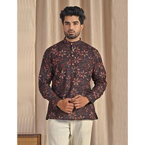 <b>Men's</b> Casual <b>Black</b> Cotton Printed Short <b>Kurta</b> with Full Sleeves - Product Image 1