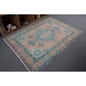 Alfombra turca Vintage azul Rosa tradicional 4,6X6,1 pies Patrón de retazos Alfombra de lana para sala de estar para decoraciones de adolescentes Látex - Product Image 5