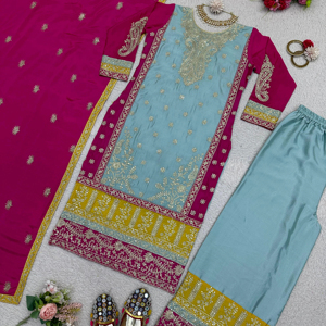 Hermoso diseñador de seda Salwar Kameez con interior y Sharara-Dupatta con secuencia con trabajo de codificación para fiesta de mujeres - Product Image 1