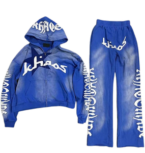 Haute qualité coton surdimensionné en détresse broderie longue Flare pantalon ensemble unisexe hommes survêtements lavage à l'acide 2 pièces fermeture éclair survêtement - Product Image 2